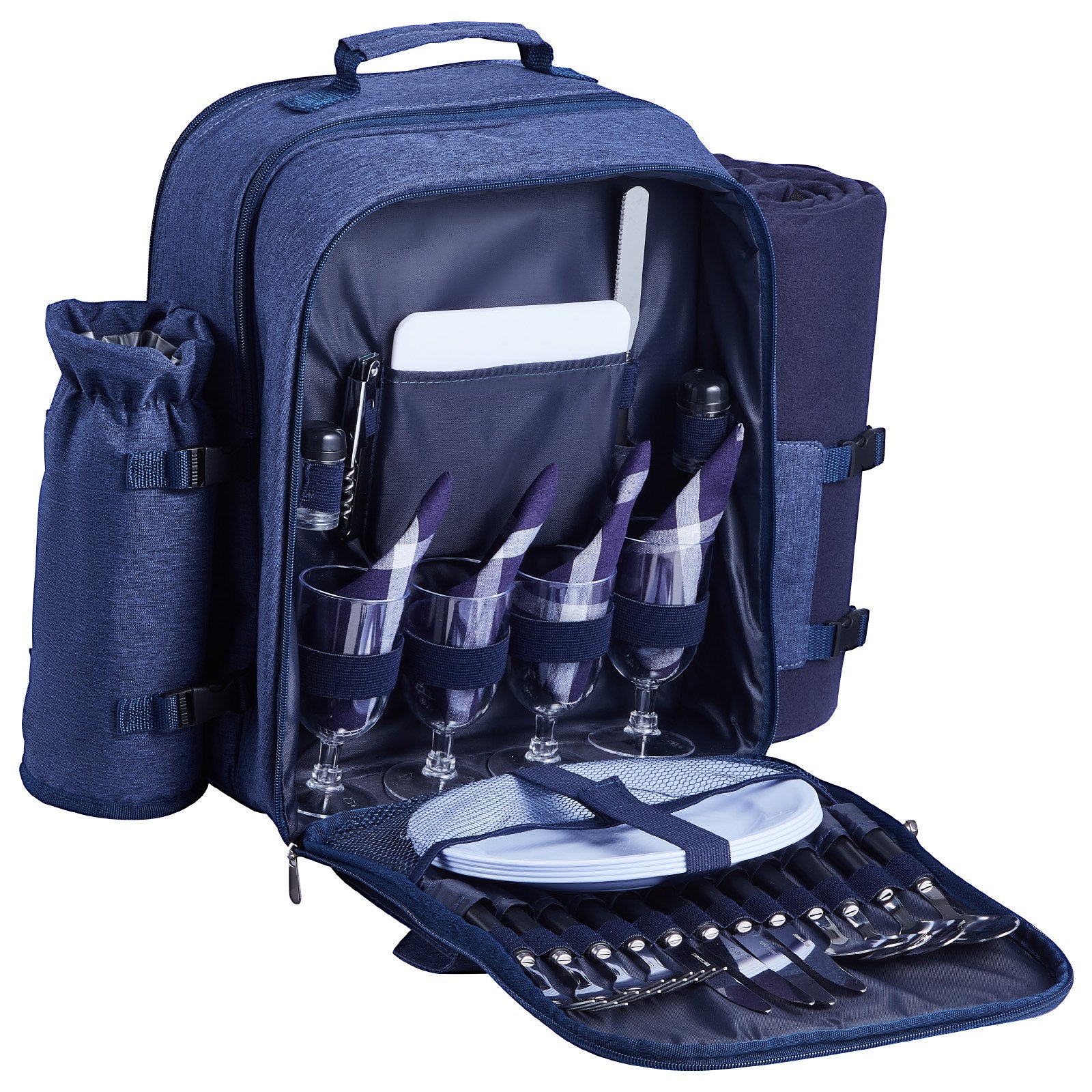 4-Person Navy Blue Picnic Backpack with Insulated Cooler, Detachable Wine Holder, Blanket, Plates & Cutlery for Outdoor Adventures