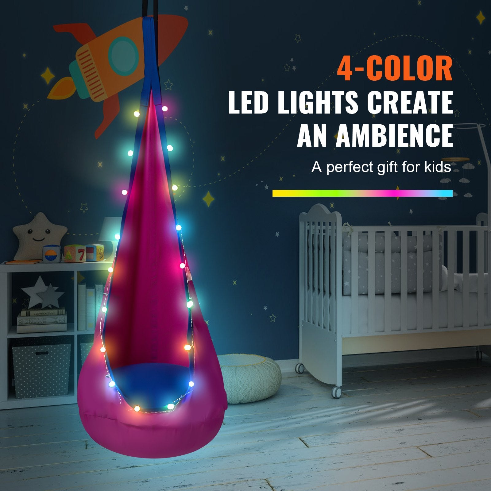 Enchanting Kids Pod Swing Seat with LED Lights, Inflatable Cushion, Sensory Hammock Chair for Indoor & Outdoor Fun, 100% Cotton, 120 lbs Capacity