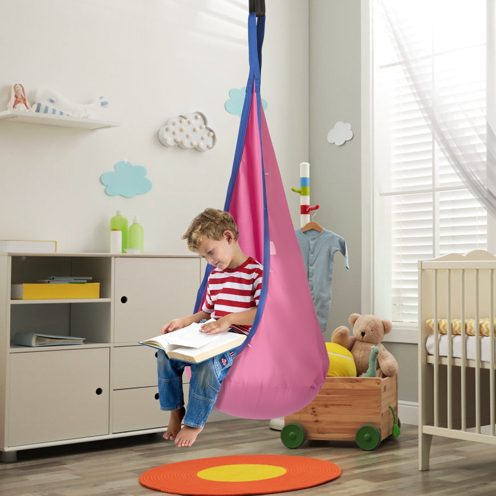 Enchanting Kids Pod Swing Seat with LED Lights, Inflatable Cushion, Sensory Hammock Chair for Indoor & Outdoor Fun, 100% Cotton, 120 lbs Capacity