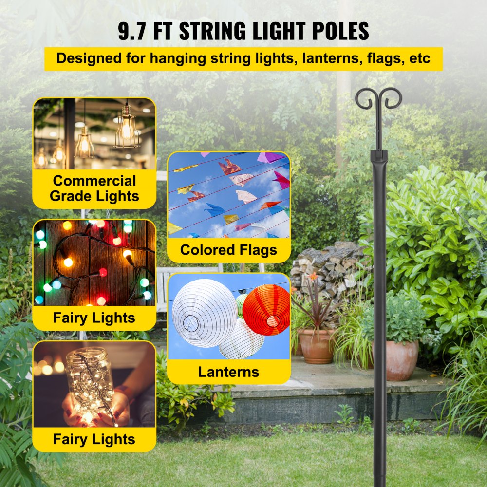 Set of Two 9.7 FT Outdoor Steel Poles with Hooks for Hanging Lights, Lanterns, and Flags – Ideal for Garden, Patio, and Event Decoration in Black Finish