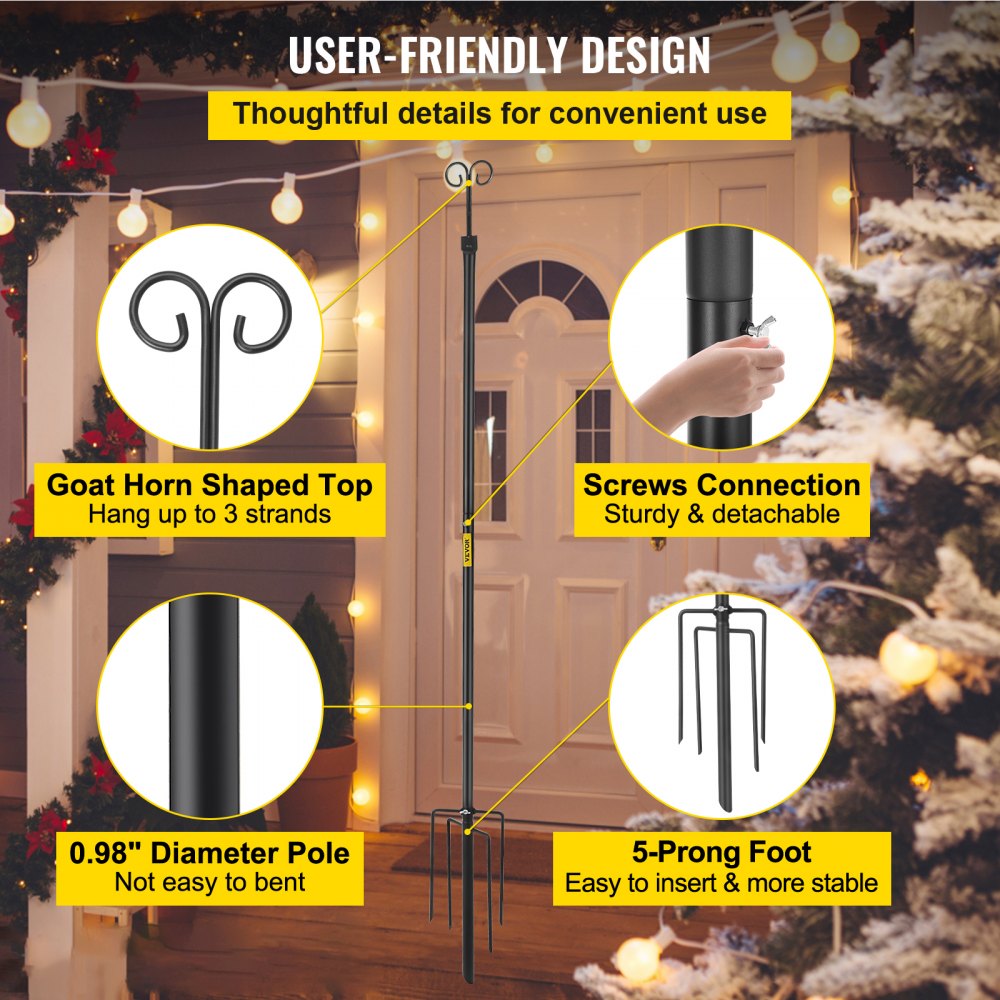 Set of Two 9.7 FT Outdoor Steel Poles with Hooks for Hanging Lights, Lanterns, and Flags – Ideal for Garden, Patio, and Event Decoration in Black Finish