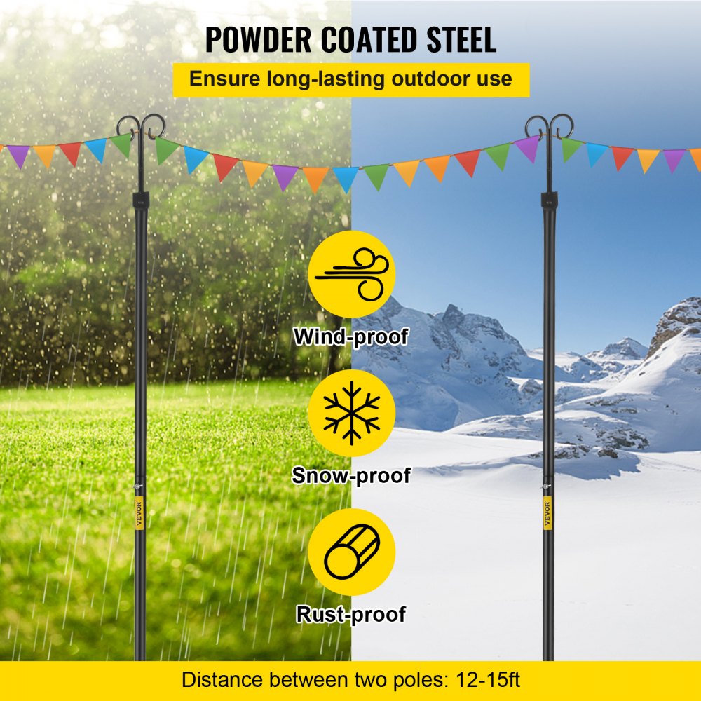 Set of Two 9.7 FT Outdoor Steel Poles with Hooks for Hanging Lights, Lanterns, and Flags – Ideal for Garden, Patio, and Event Decoration in Black Finish