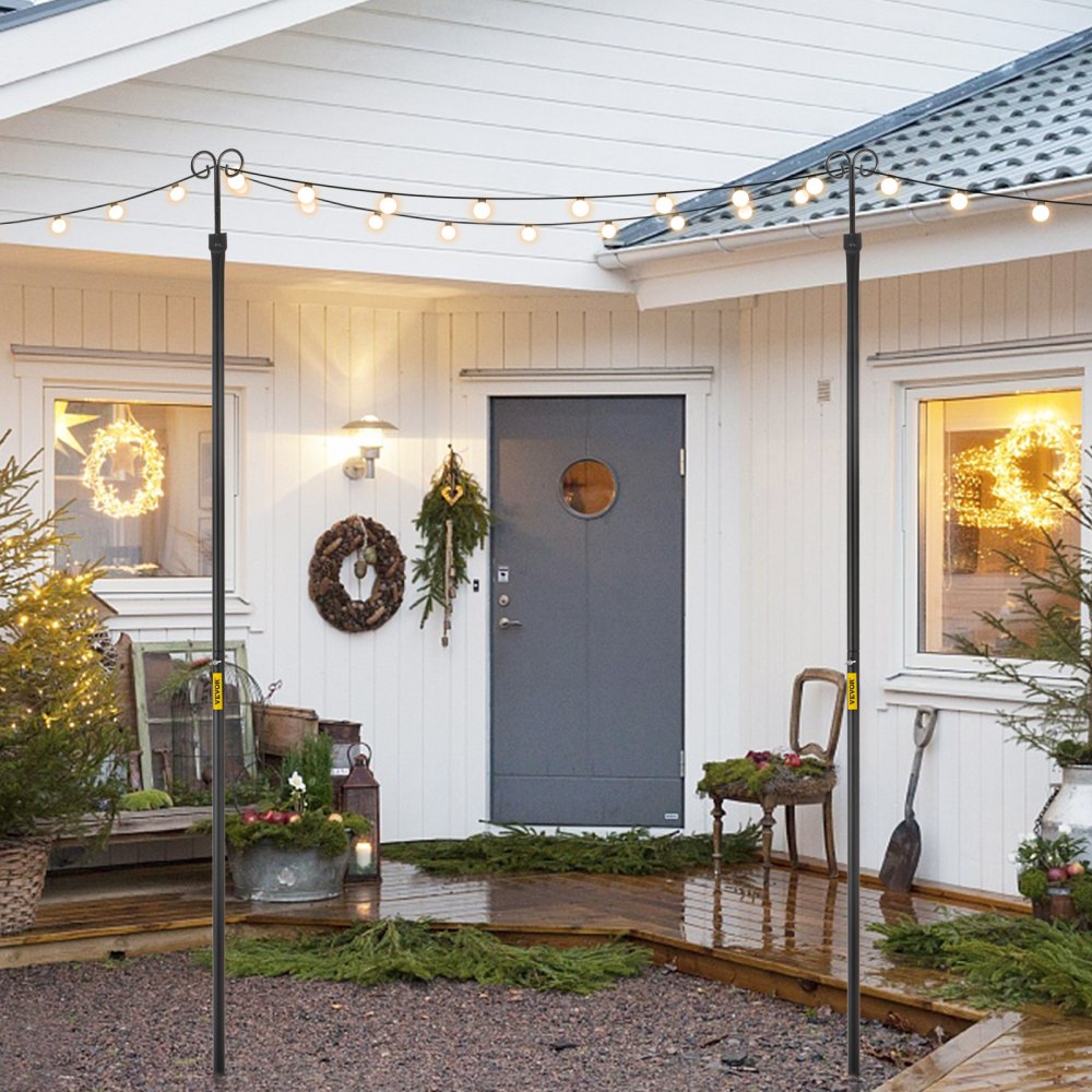 Set of Two 9.7 FT Outdoor Steel Poles with Hooks for Hanging Lights, Lanterns, and Flags – Ideal for Garden, Patio, and Event Decoration in Black Finish