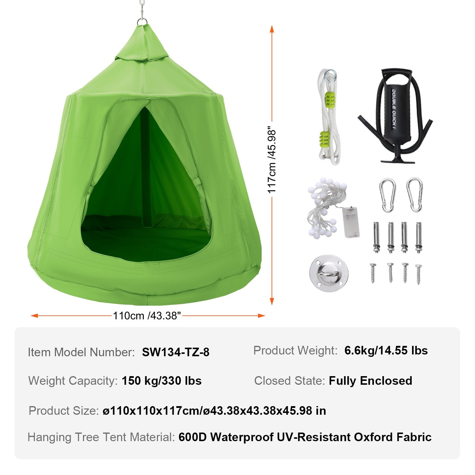Spacious 330 LBS Capacity Hanging Tree Tent Swing Chair with LED Lights, Waterproof Sensory Hammock for Indoor & Outdoor Fun, Kids & Adults