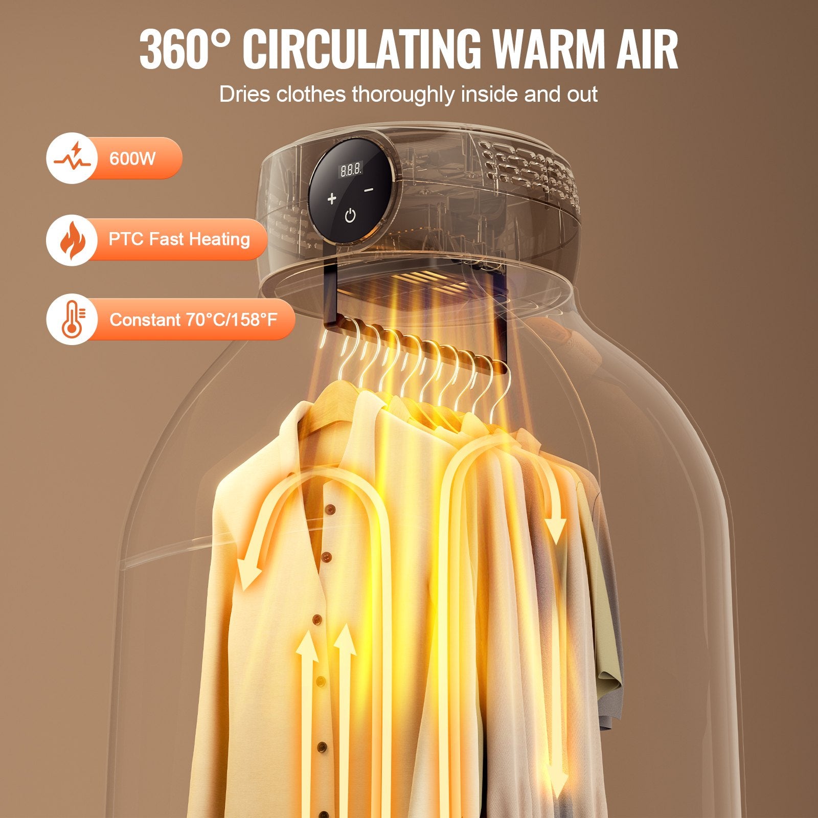 Compact Foldable Clothes Dryer with LED Display and PTC Heating - 5-Hour Timer, Ideal for Small Spaces, 600W, Beige, Perfect for Apartments, Dorms, RVs