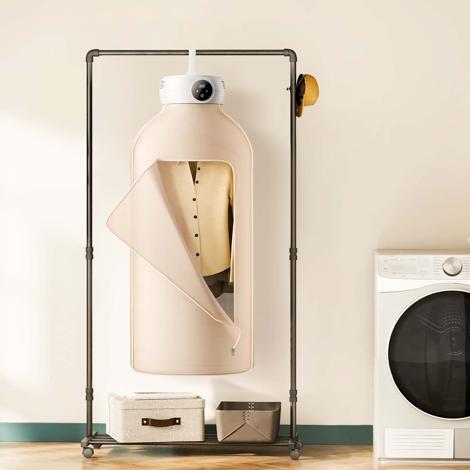 Compact Foldable Clothes Dryer with LED Display and PTC Heating - 5-Hour Timer, Ideal for Small Spaces, 600W, Beige, Perfect for Apartments, Dorms, RVs