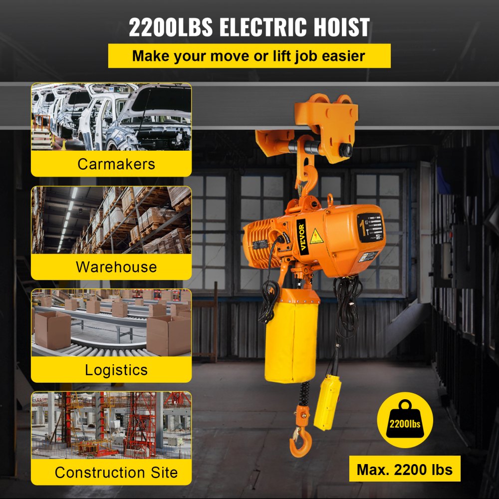 Heavy-Duty 1 Ton Electric Chain Hoist, 10ft Lift, Double Chain, 110V, Ideal for Logistics and Industrial Use