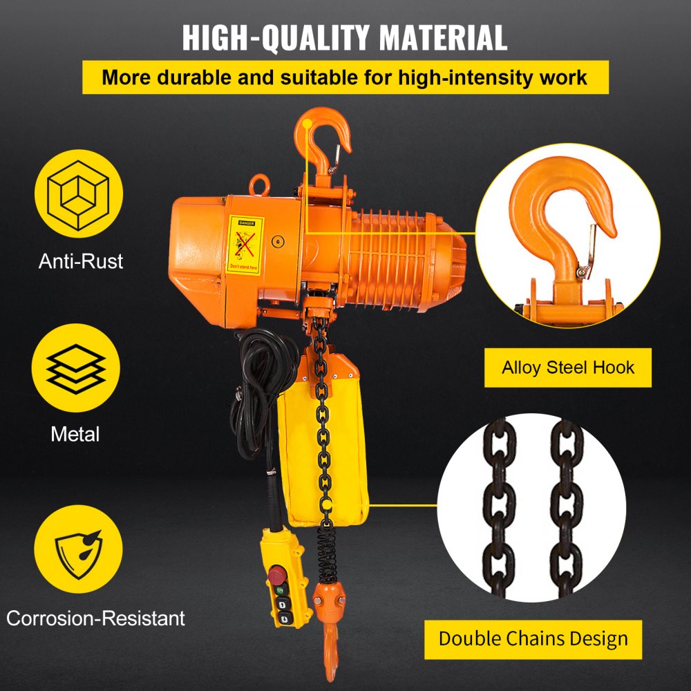 Heavy-Duty 1 Ton Electric Chain Hoist, 10ft Lift, Double Chain, 110V, Ideal for Logistics and Industrial Use