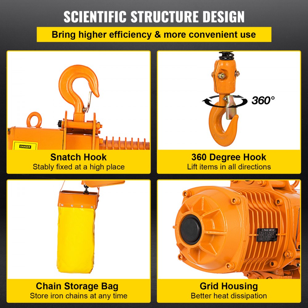 Heavy-Duty 1 Ton Electric Chain Hoist, 10ft Lift, Double Chain, 110V, Ideal for Logistics and Industrial Use