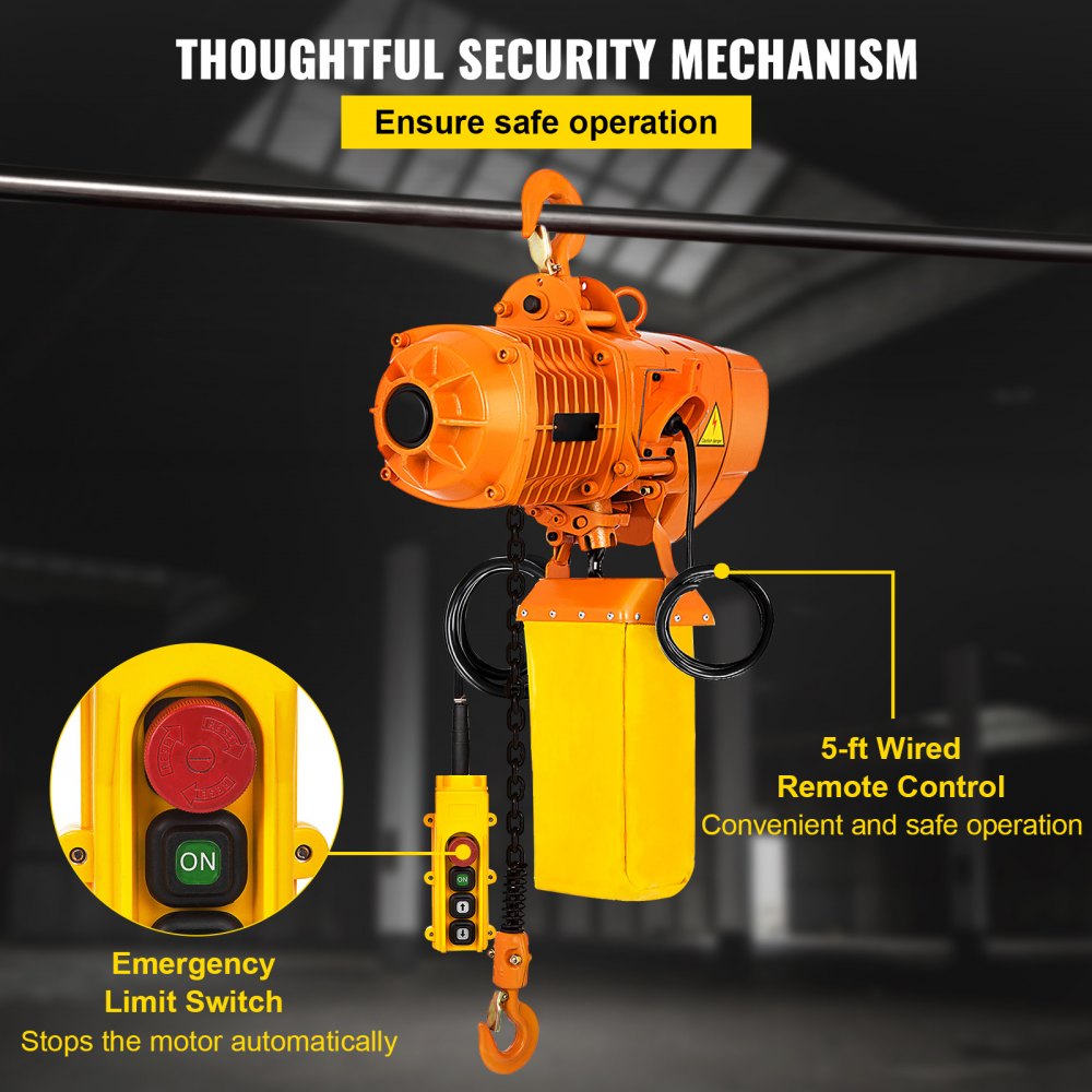 Heavy-Duty 1 Ton Electric Chain Hoist, 10ft Lift, Double Chain, 110V, Ideal for Logistics and Industrial Use
