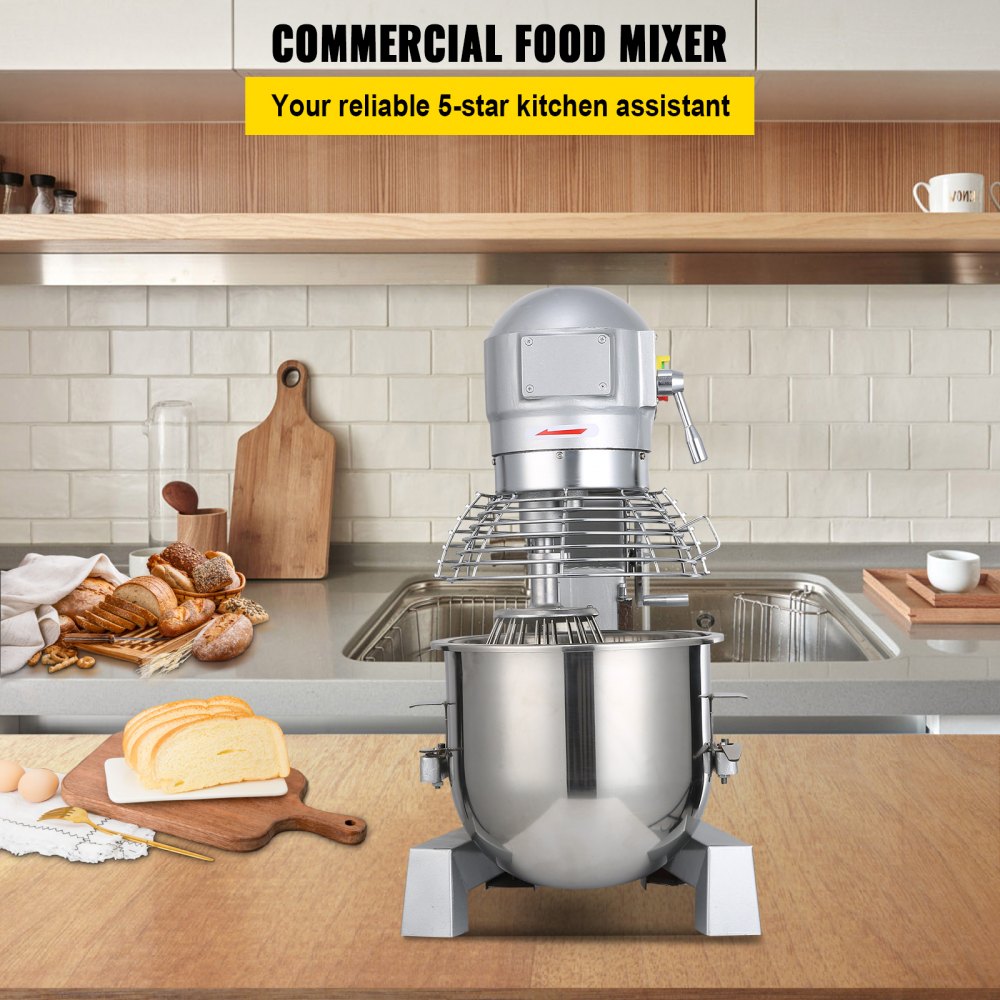 VEVOR Commercial Food Mixer 20Qt 750W 3 Speeds Adjustable 105 180 and 408 RPM Food Processor Heavy Duty with Stainless Steel Bowl Dough Hooks Whisk Beater for Schools Bakeries Restaurants Pizzeria