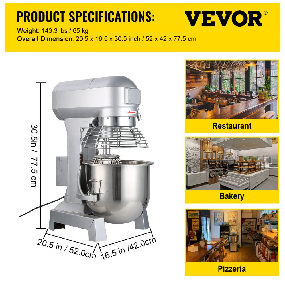 VEVOR Commercial Food Mixer 20Qt 750W 3 Speeds Adjustable 105 180 and 408 RPM Food Processor Heavy Duty with Stainless Steel Bowl Dough Hooks Whisk Beater for Schools Bakeries Restaurants Pizzeria