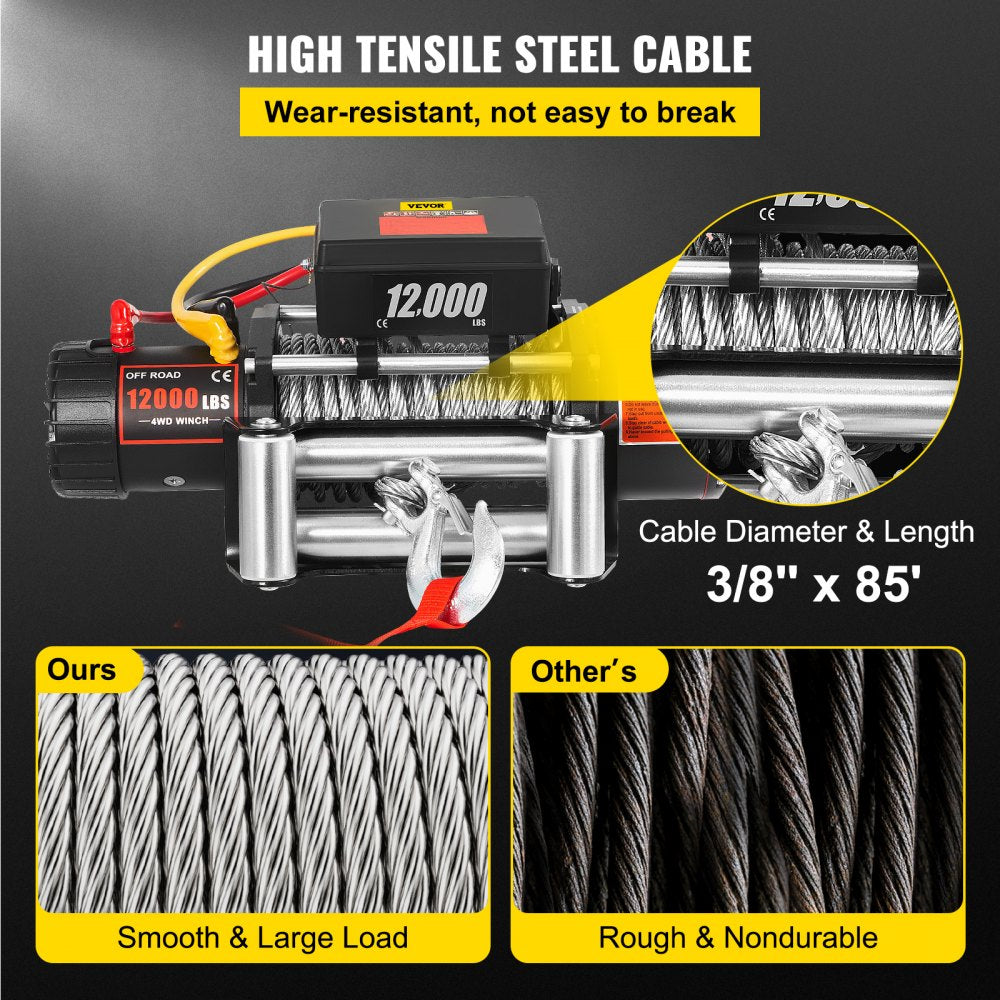 12000LBS Electric Winch 12V Steel Cable Off-road ATV UTV Truck Towing Trailer
