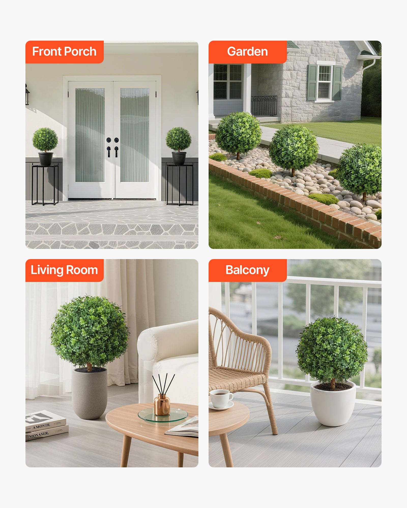 22" Artificial Boxwood Topiary Trees with Ground Spike - Lifelike Faux Shrubs for Outdoor & Indoor Decor, Weather-Resistant Potted Plants for Patio, Garden, Porch, and Balcony