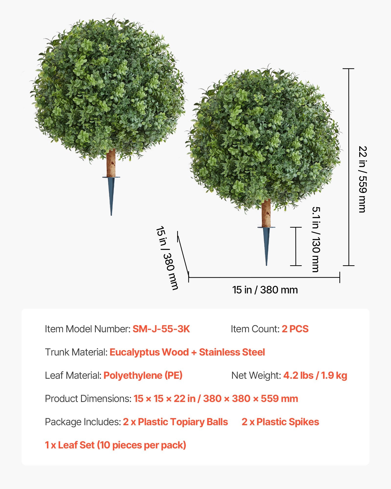 22" Artificial Boxwood Topiary Trees with Ground Spike - Lifelike Faux Shrubs for Outdoor & Indoor Decor, Weather-Resistant Potted Plants for Patio, Garden, Porch, and Balcony