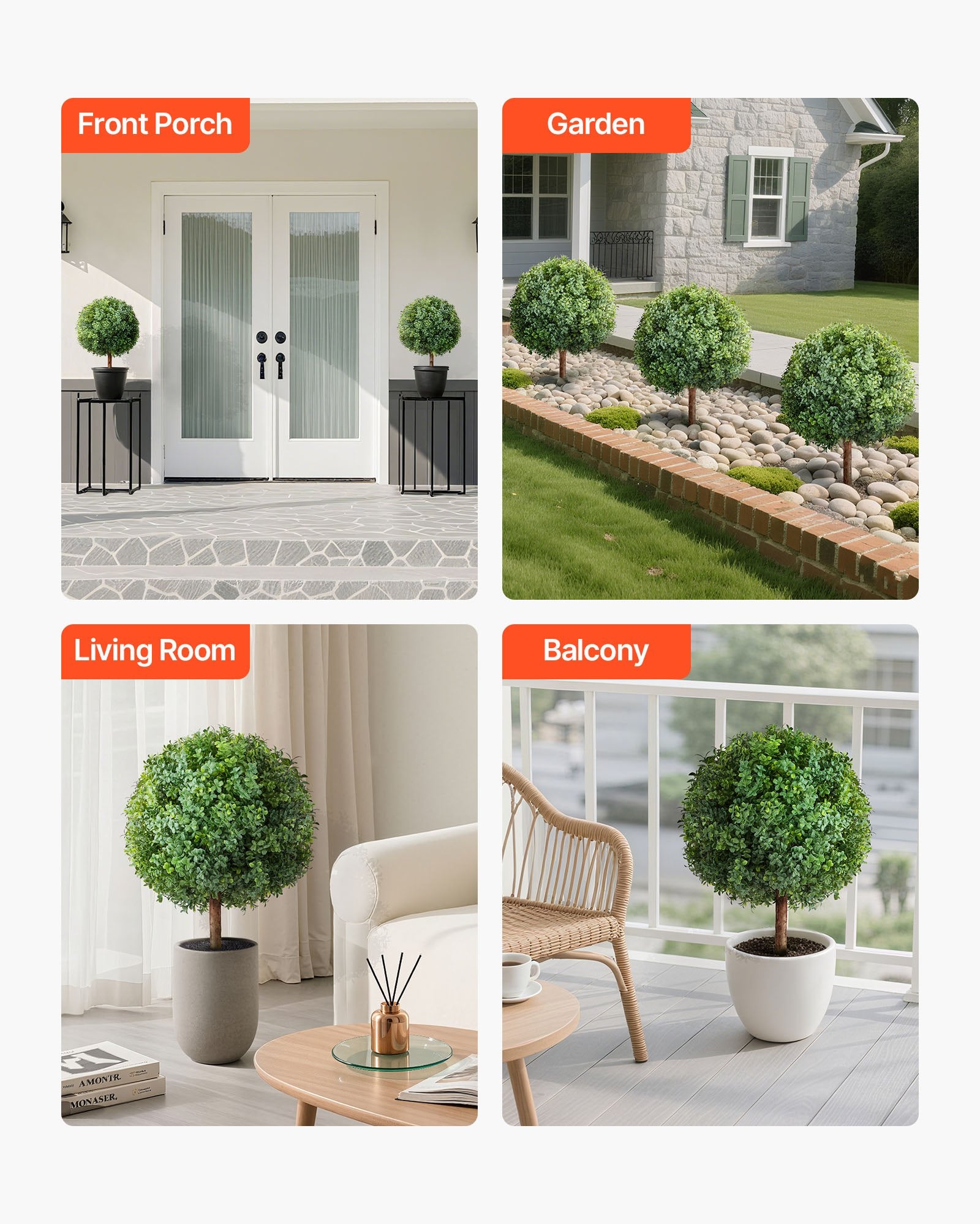 27" Artificial Topiary Boxwood Trees Set with Ground Spike - Perfect Faux Shrubs for Indoor/Outdoor Decor, Porch, Patio, Garden, Balcony, Backyard