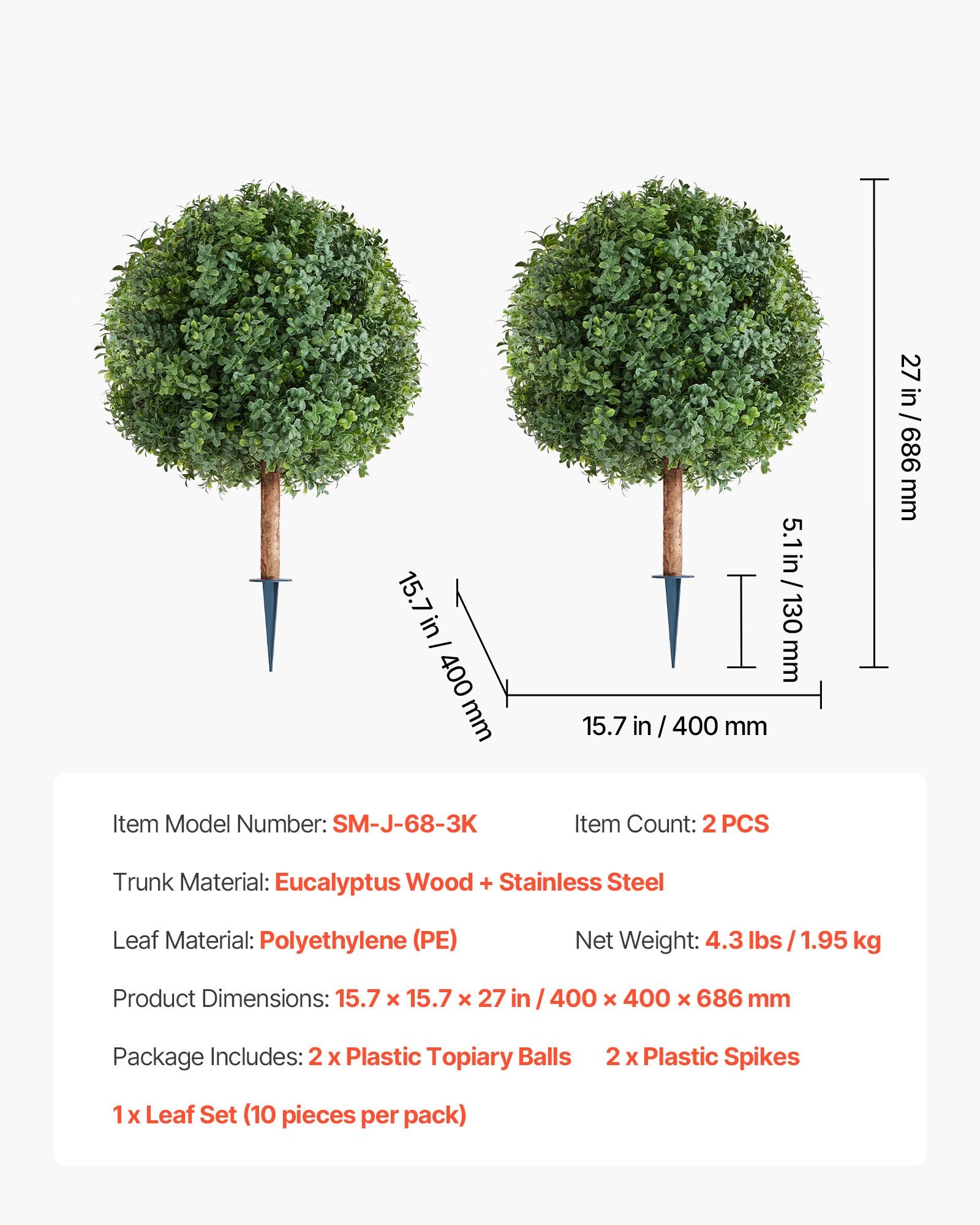 27" Artificial Topiary Boxwood Trees Set with Ground Spike - Perfect Faux Shrubs for Indoor/Outdoor Decor, Porch, Patio, Garden, Balcony, Backyard