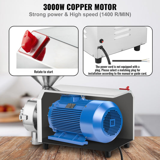 High-Power 3000W Commercial Grain Grinder for Spices, Corn, Soybean & More - Stainless Steel Flour Milling Machine, 100 KG/H Capacity, Adjustable Fineness
