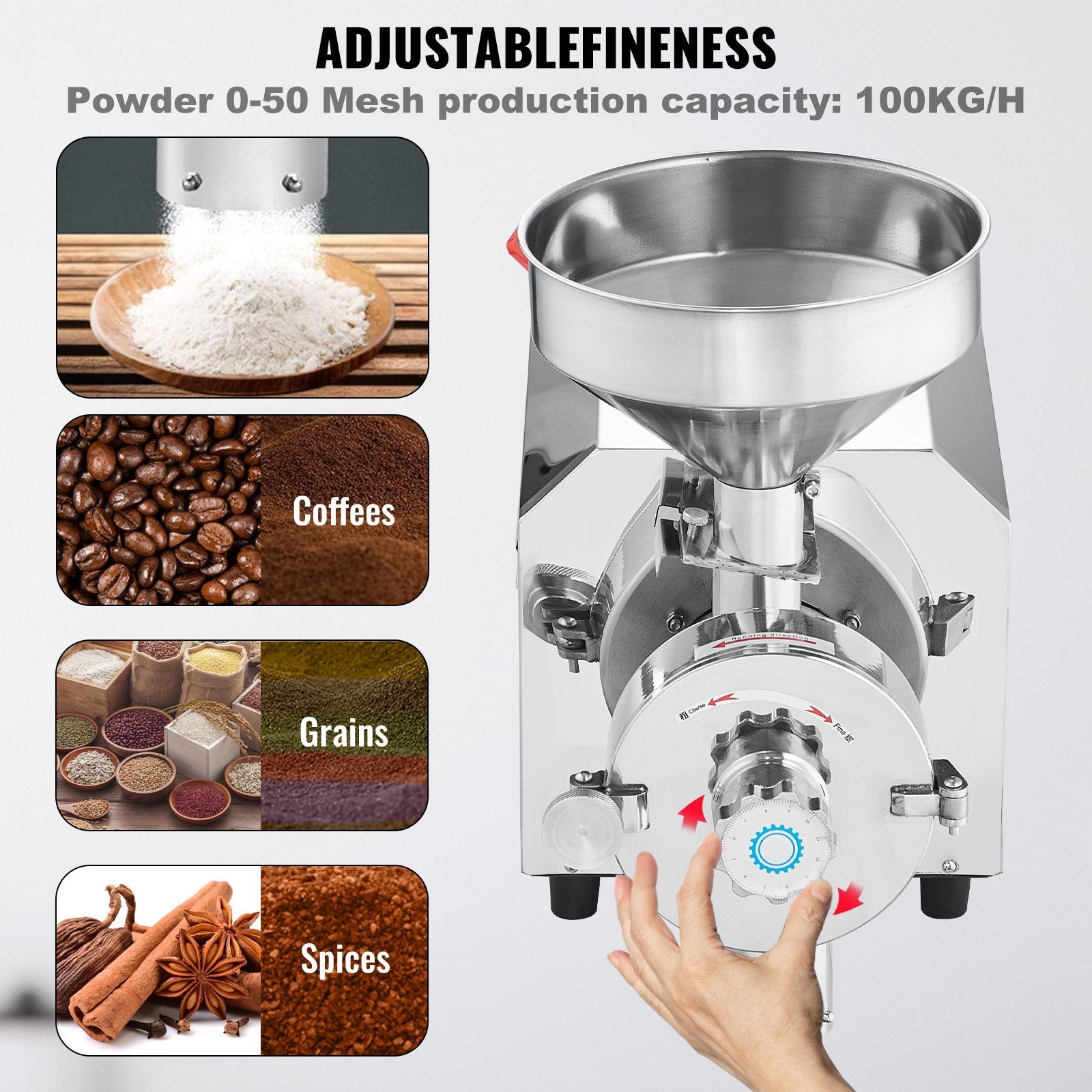 High-Power 3000W Commercial Grain Grinder for Spices, Corn, Soybean & More - Stainless Steel Flour Milling Machine, 100 KG/H Capacity, Adjustable Fineness
