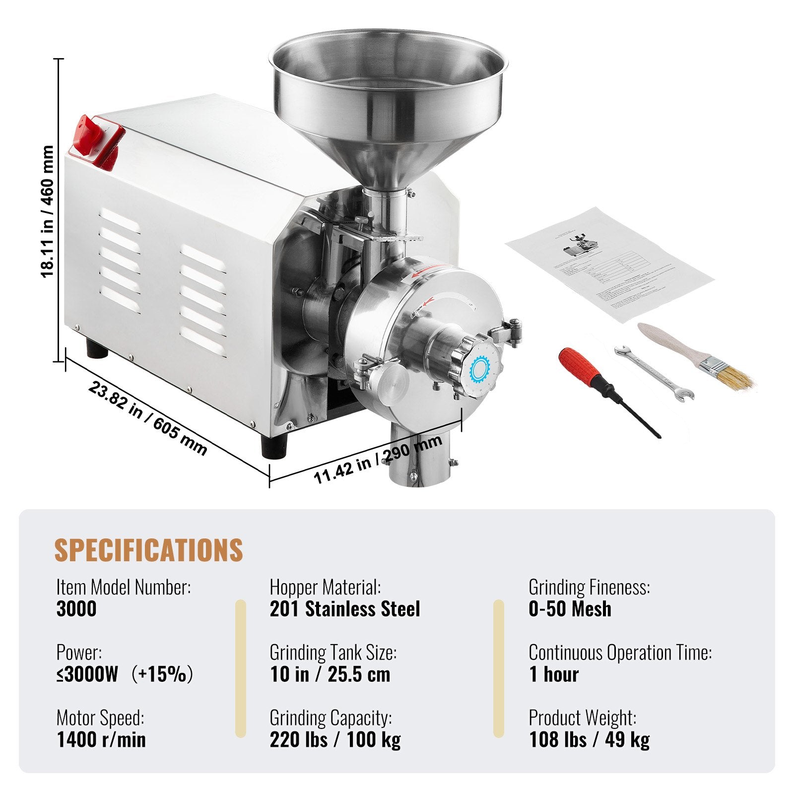 High-Power 3000W Commercial Grain Grinder for Spices, Corn, Soybean & More - Stainless Steel Flour Milling Machine, 100 KG/H Capacity, Adjustable Fineness