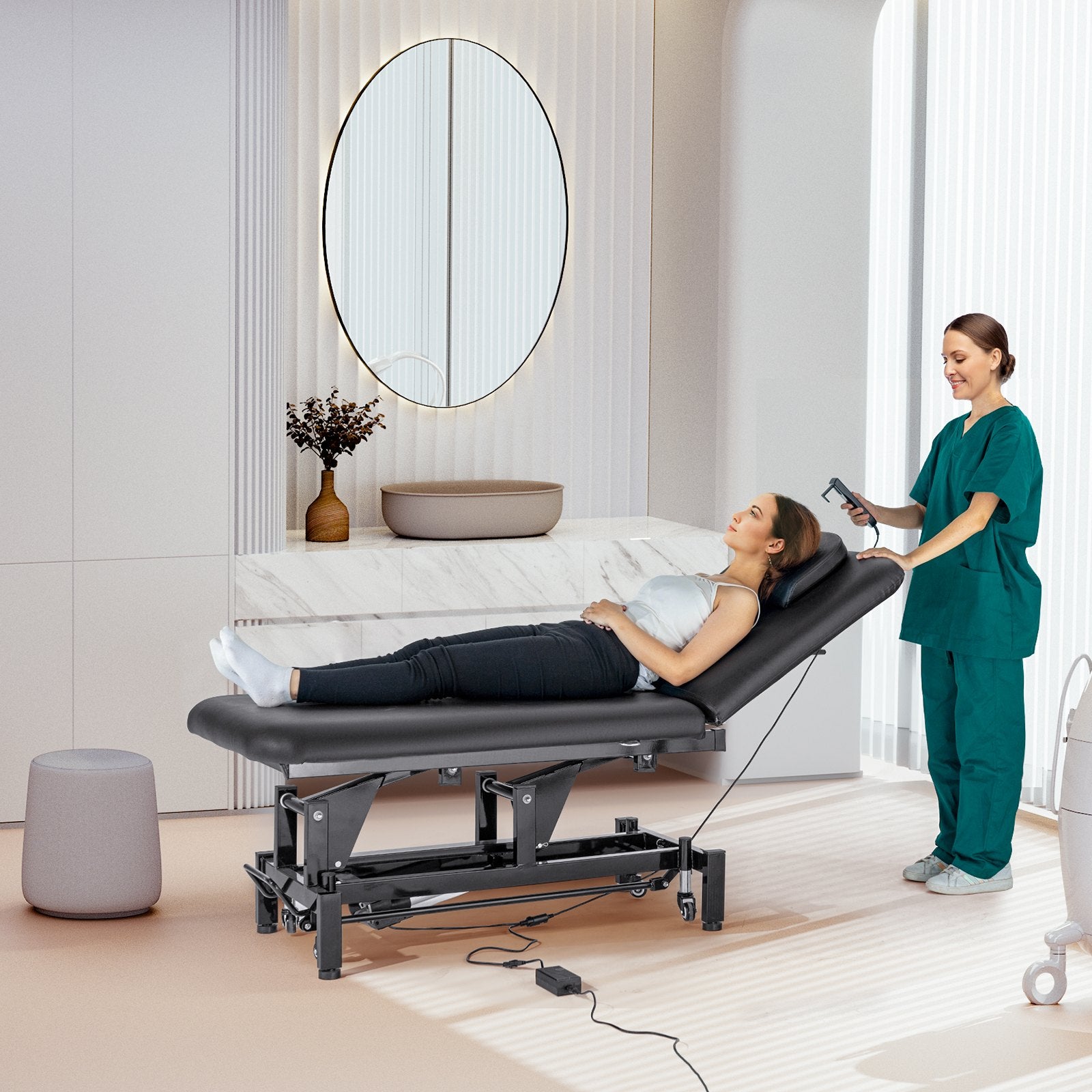 Professional Electric Lift Massage Table with Adjustable Backrest & Headrest, 550LBS Capacity, Height Adjustable Tattoo Spa Bed on Wheels, PU Leather Surface, 3-Inch High-Density Sponge for Superior Comfort