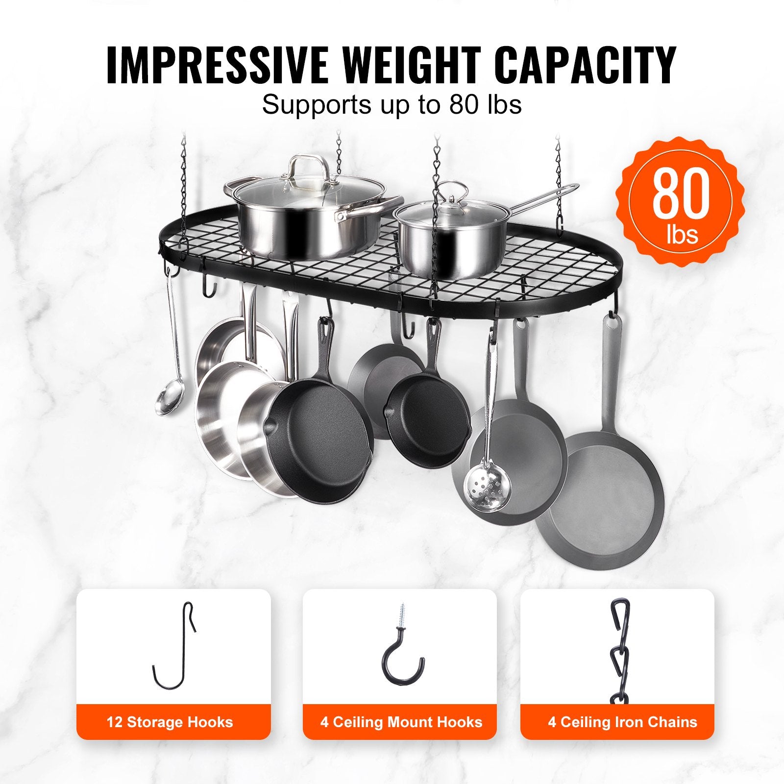 32-Inch Ceiling Mounted Hanging Pot Rack with 12 S Hooks, 80 lbs Capacity for Kitchen, Home, Restaurant Cookware Storage Solution
