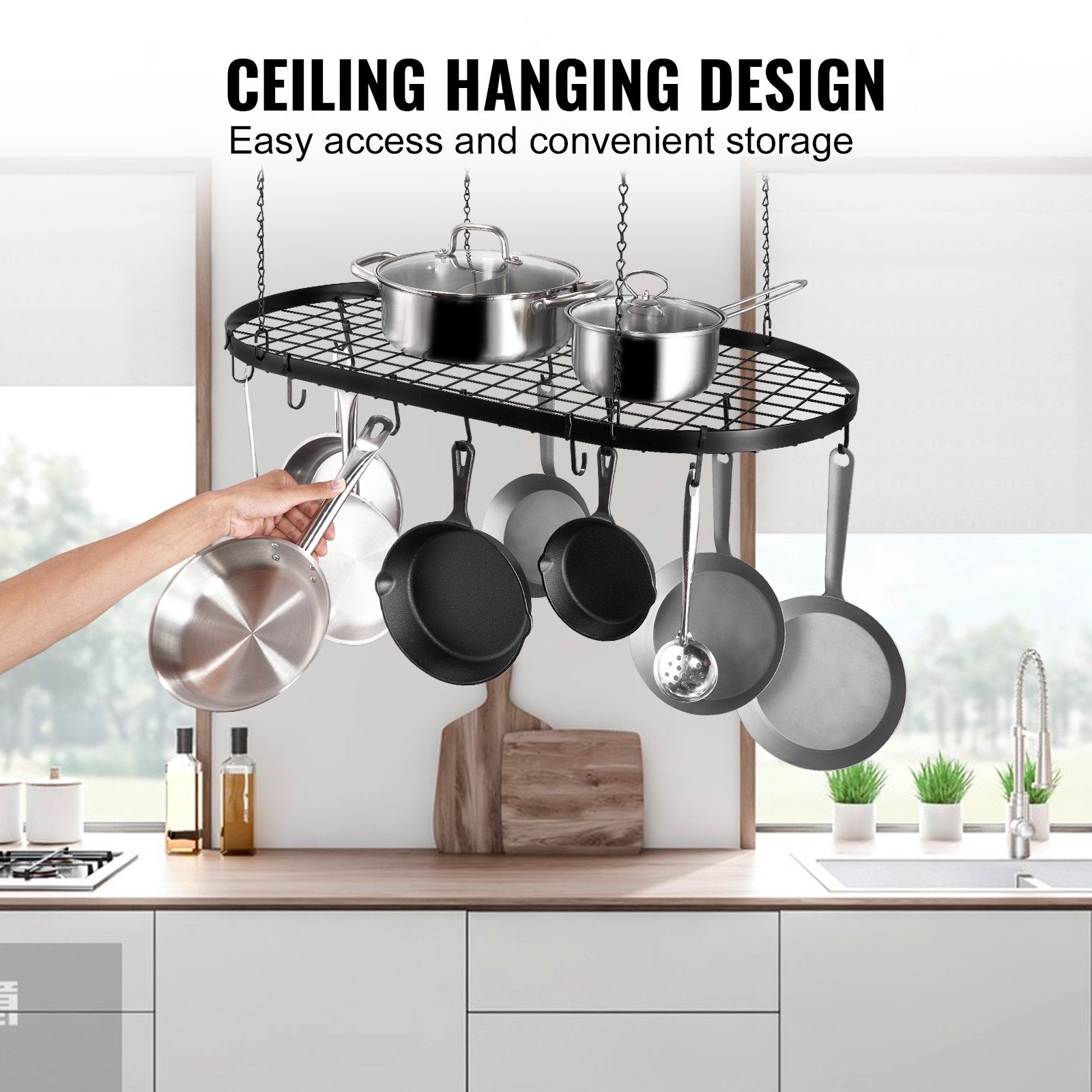 32-Inch Ceiling Mounted Hanging Pot Rack with 12 S Hooks, 80 lbs Capacity for Kitchen, Home, Restaurant Cookware Storage Solution