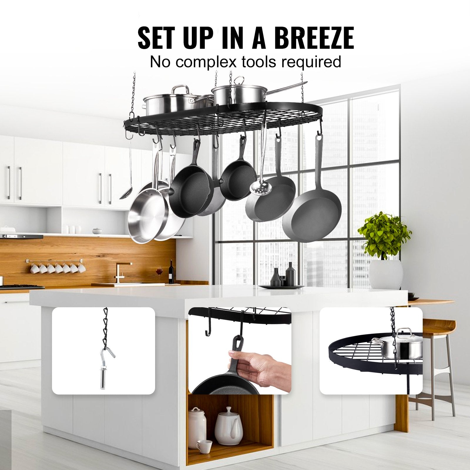 32-Inch Ceiling Mounted Hanging Pot Rack with 12 S Hooks, 80 lbs Capacity for Kitchen, Home, Restaurant Cookware Storage Solution