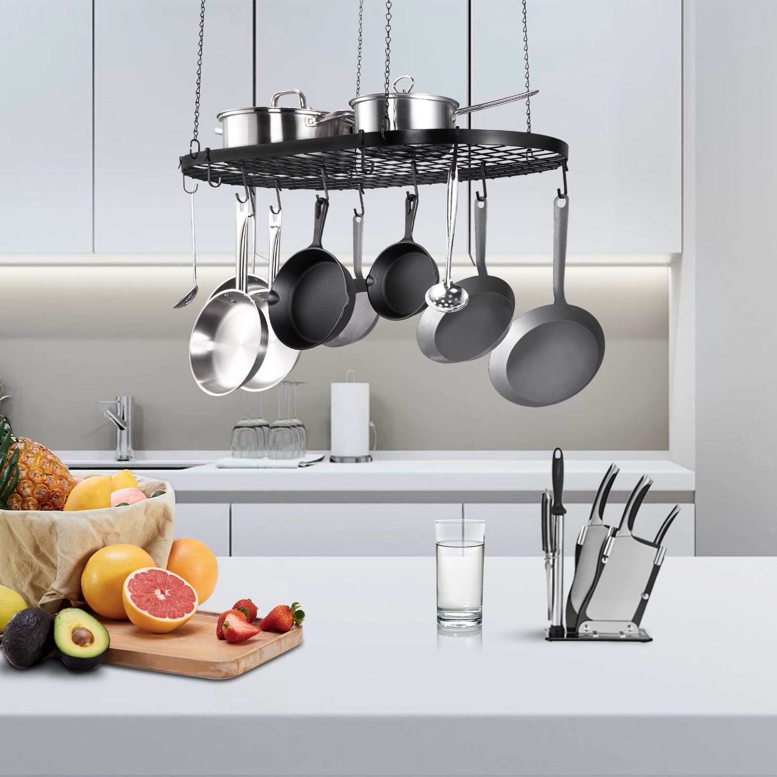 32-Inch Ceiling Mounted Hanging Pot Rack with 12 S Hooks, 80 lbs Capacity for Kitchen, Home, Restaurant Cookware Storage Solution