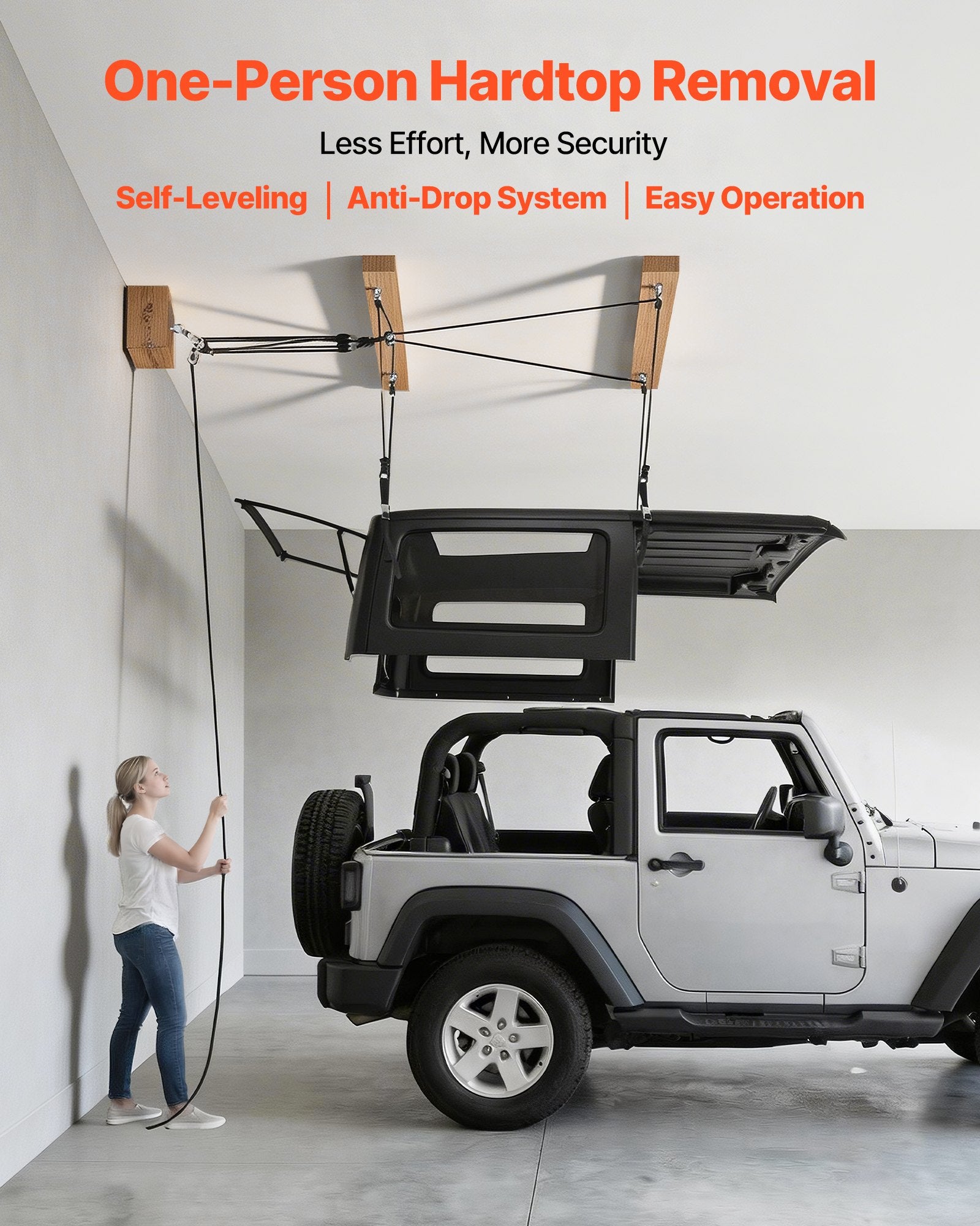 Effortless Jeep Hardtop Removal Lift - 220 lbs Capacity, Anti-Drop Hoist, One-Person Operation, Fits 8-16 ft Ceilings, Perfect for 2-Door & 4-Door Wrangler JK JL & Ford, Maximize Garage Space and Easy Installation