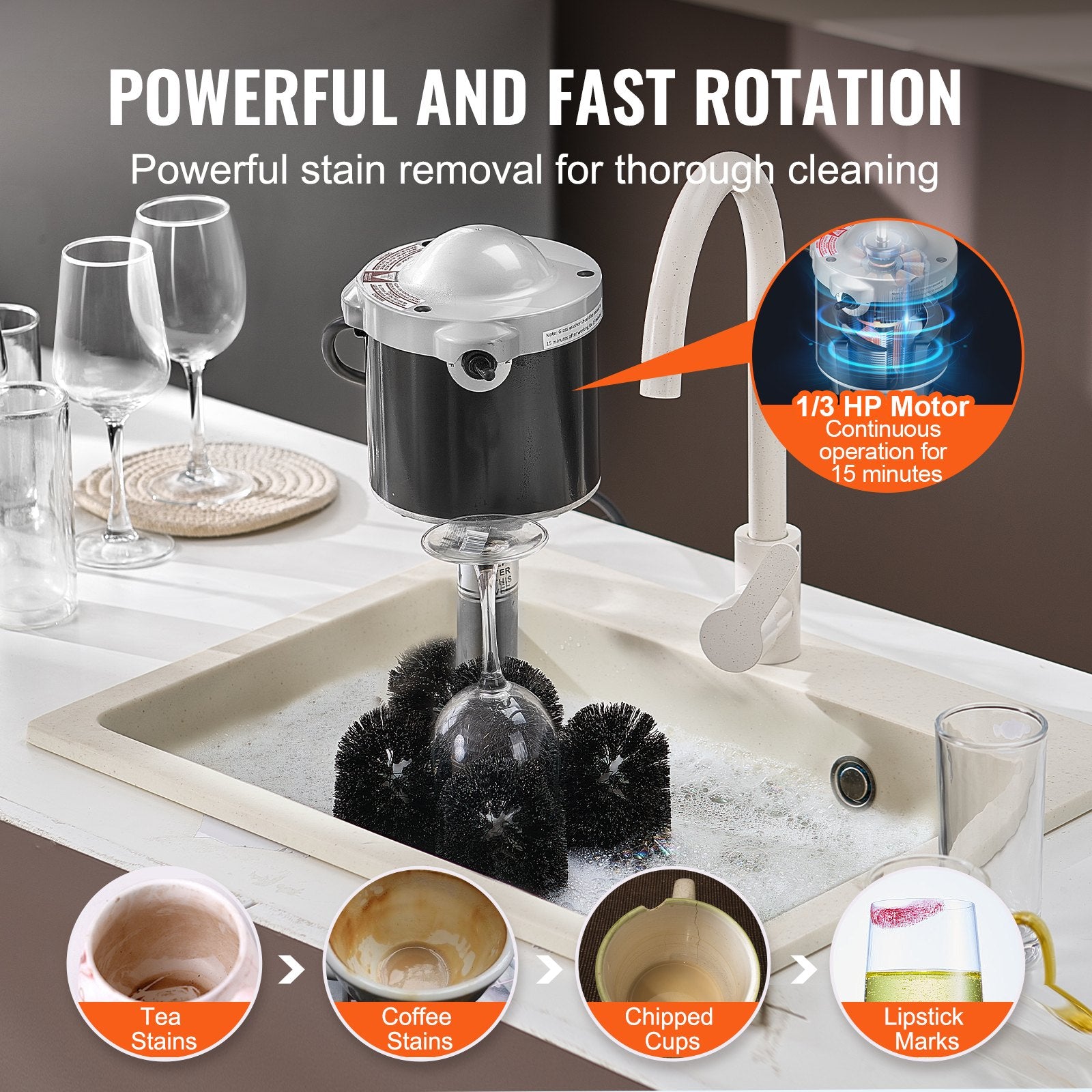 High-Efficiency Electric Glass Washer with 5-Brush System, Cleans 600 Glasses/Hour, Ideal for Bars, Cafes, Wine Glasses, Beer Cups, Mugs