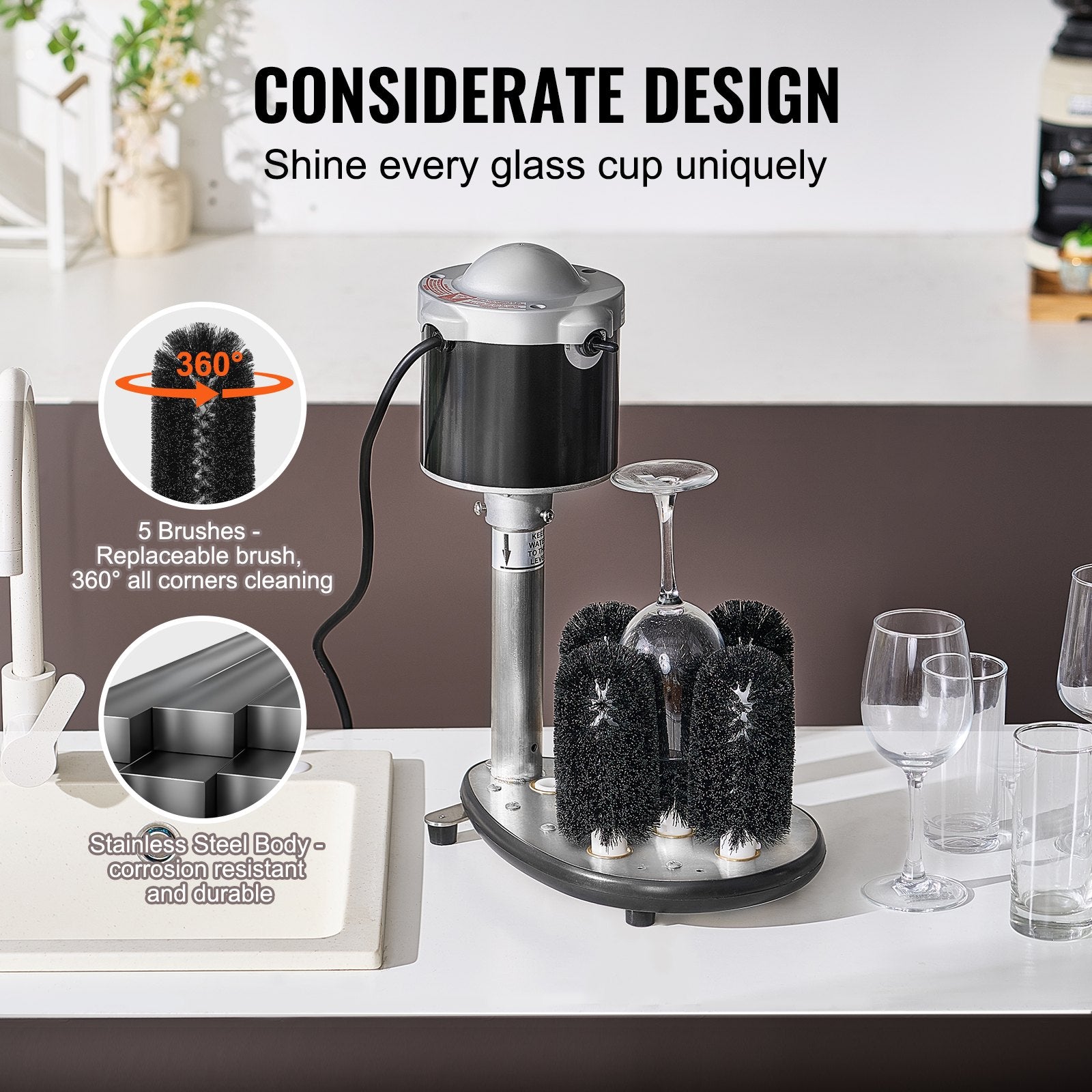 High-Efficiency Electric Glass Washer with 5-Brush System, Cleans 600 Glasses/Hour, Ideal for Bars, Cafes, Wine Glasses, Beer Cups, Mugs