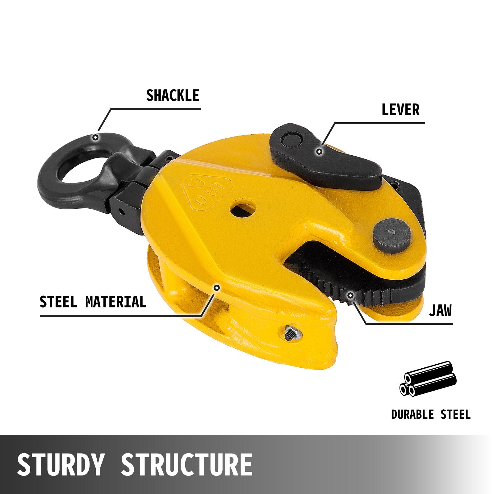 Heavy-Duty Vertical Plate Lifting Clamp 1760lbs Capacity, Durable Alloy Steel, Swivel Shackle, Secure Spring, Jaw 0-15mm