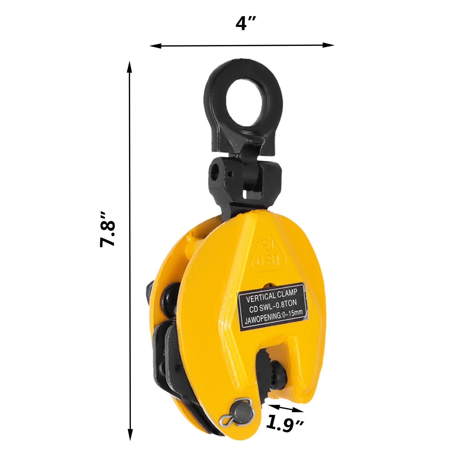 Heavy-Duty Vertical Plate Lifting Clamp 1760lbs Capacity, Durable Alloy Steel, Swivel Shackle, Secure Spring, Jaw 0-15mm