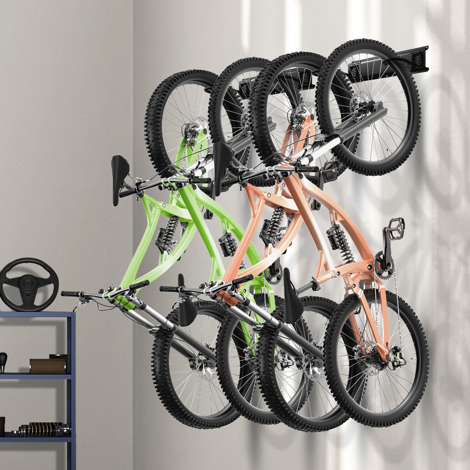 Wall Mount Bike Storage Rack with 4 Adjustable Holders & 2 Helmet Hooks, Home & Garage Organizer, Fits Various Sizes, Holds 200 lbs
