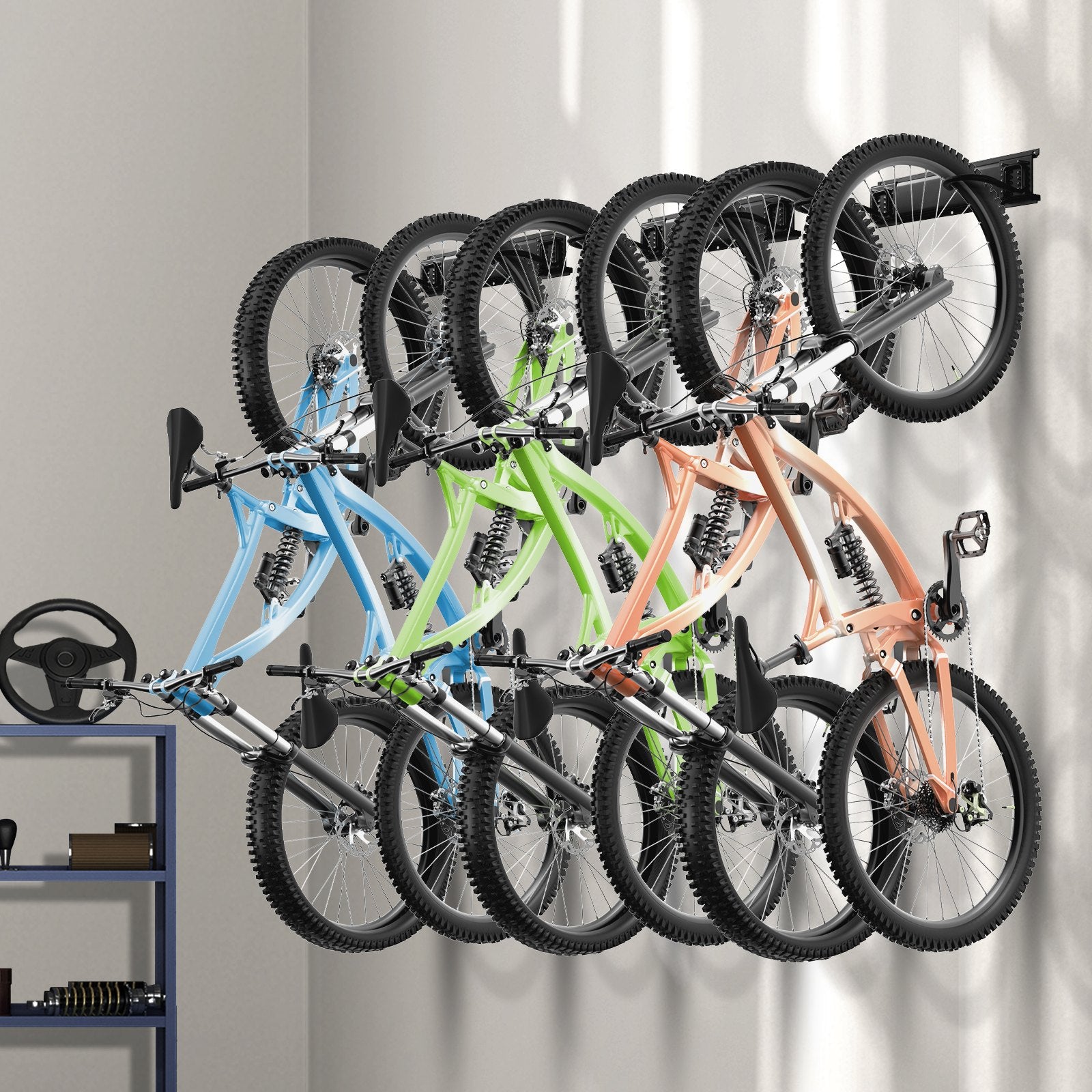 Ultimate Wall Mount Bike Storage Rack - Organize Home & Garage with Adjustable 6 Bike Holder, 3 Helmet Hooks, Holds 300 lbs, 51-inch Rail