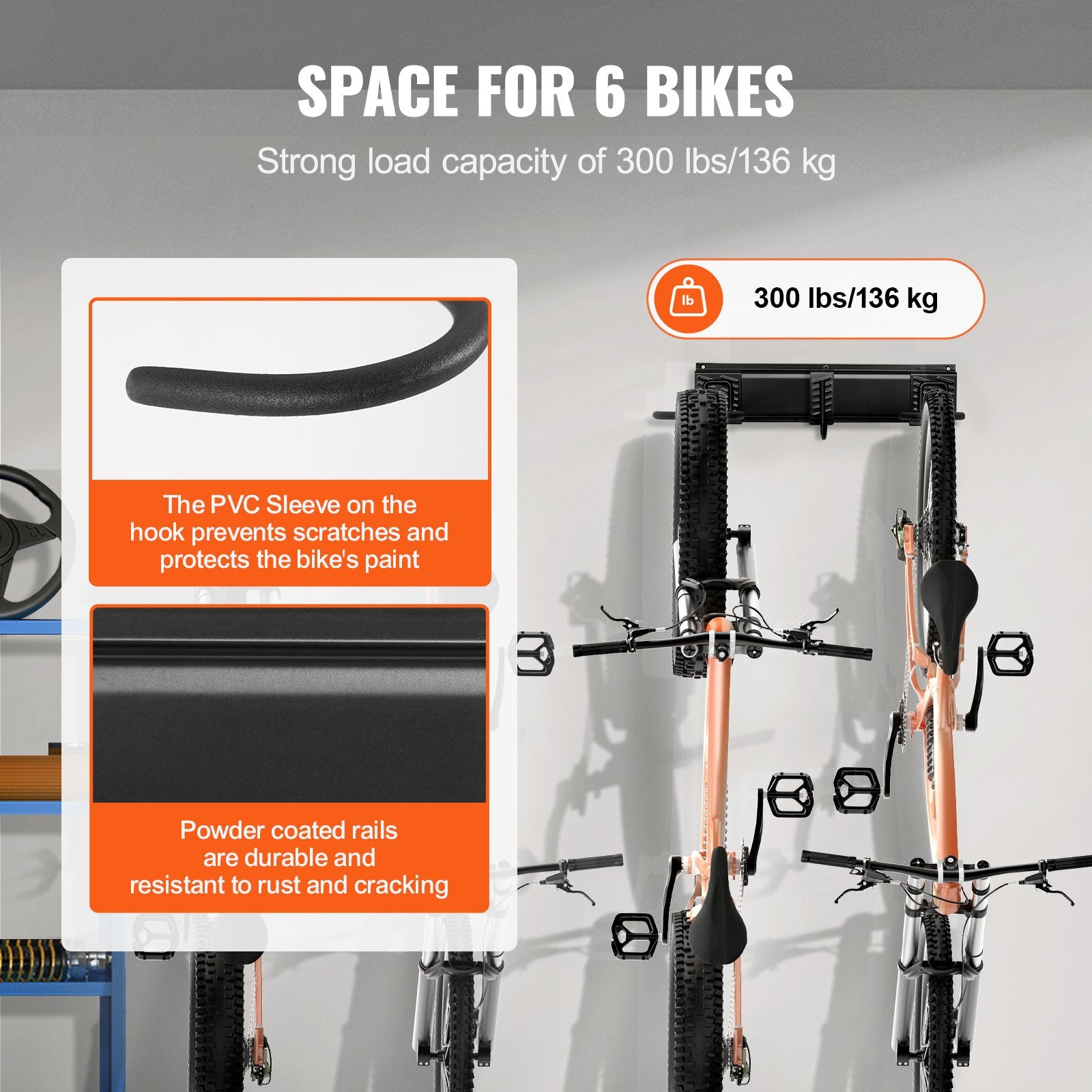 Wall Mount Bike Storage Rack - Holds 6 Bikes & 5 Helmets, Adjustable Garage Organizer for Various Sizes, 300 lbs Capacity, 64-inch Rail