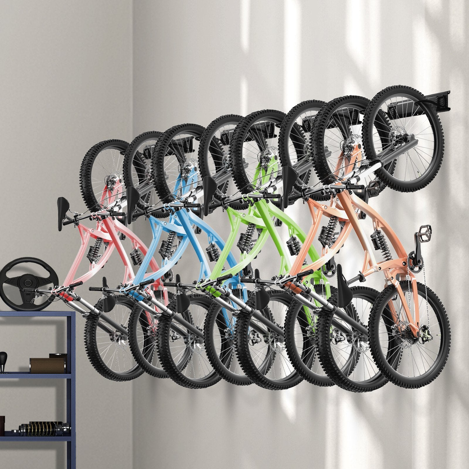 8-Bike Wall Mount Storage Rack with 7 Helmet Hooks, Adjustable Garage Organizer for Various Sizes, Holds Up to 400 lbs, 72-Inch Rail