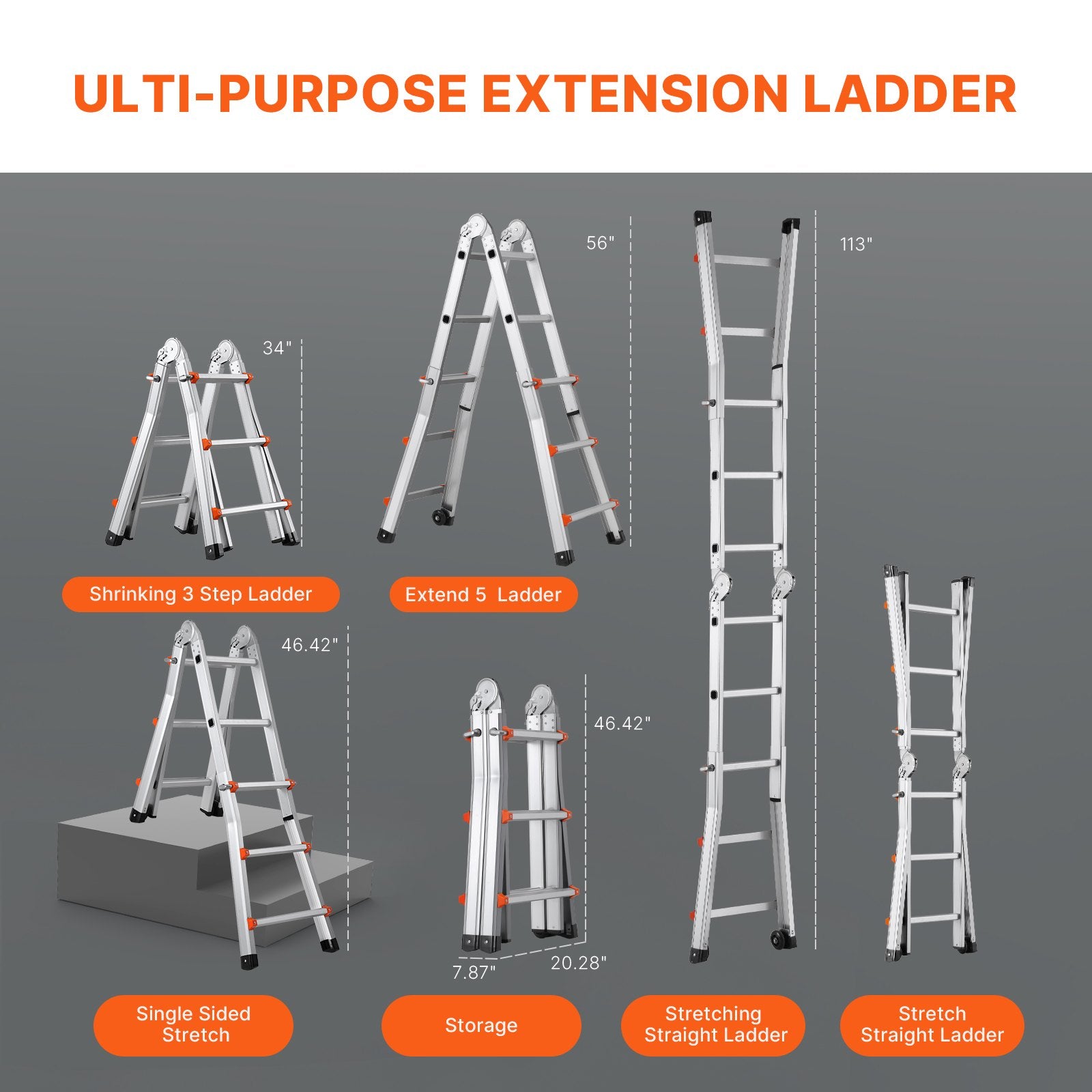 9.5 FT Telescoping A-Frame Ladder, Compact Aluminum Extension for Indoor Outdoor Use, 330lb Capacity, Portable & Collapsible RV Design