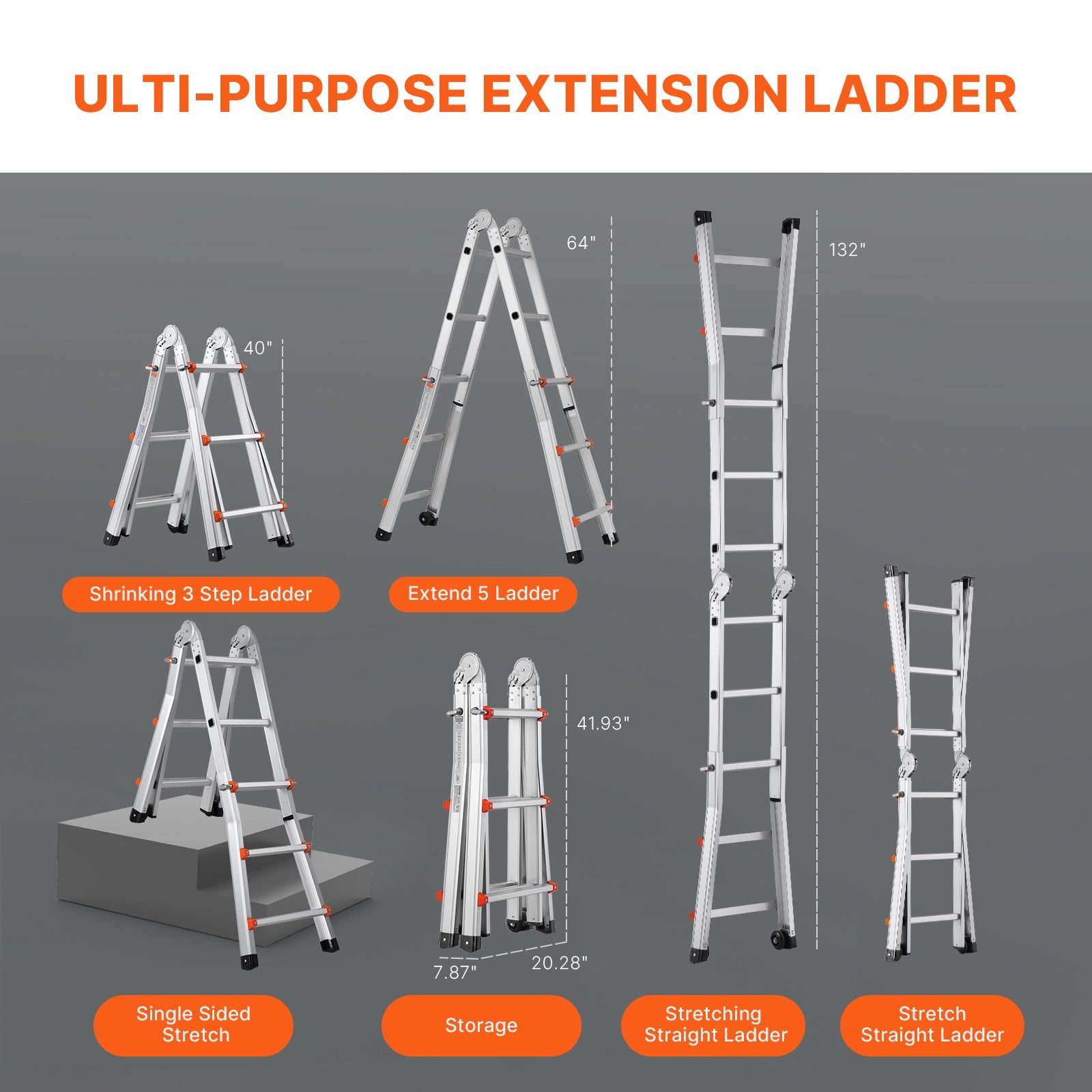11 FT Aluminum Telescoping A-Frame Ladder, Portable Multi-Function Extension for Indoor Outdoor Use, 330lb Load, Non-Slip Safety Design