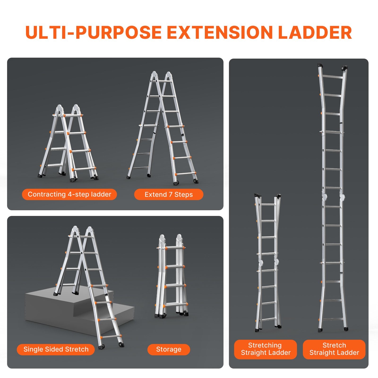 13 FT Aluminum Telescoping A-Frame Ladder - Multi-Function, Portable, Non-Slip, Heavy Duty, Indoor/Outdoor Use, 330lb Capacity