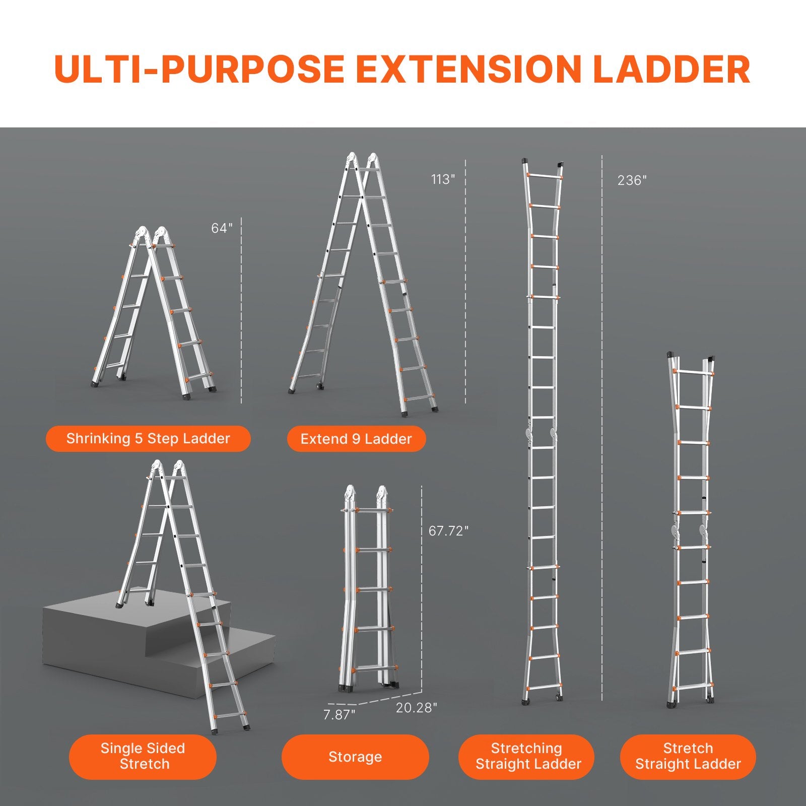 20 FT Aluminum Telescoping Ladder A Frame - Compact, Portable & Collapsible for Indoor Outdoor Use, 330lb Load, Non-Slip, Multi-Function