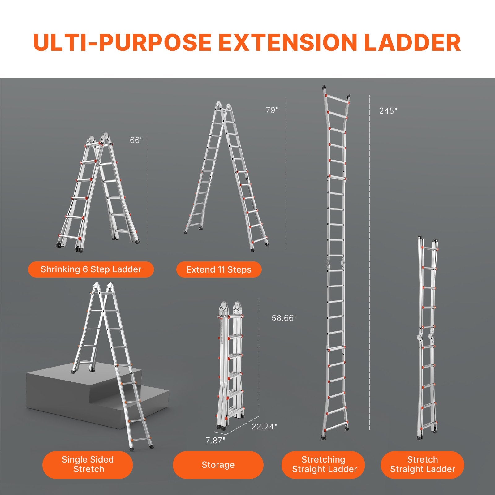 20.5 FT Telescoping A-Frame Ladder, Compact Aluminum Extension for Indoor Outdoor Use, 330lb Load, Non-Slip, Multi-Function Collapsible