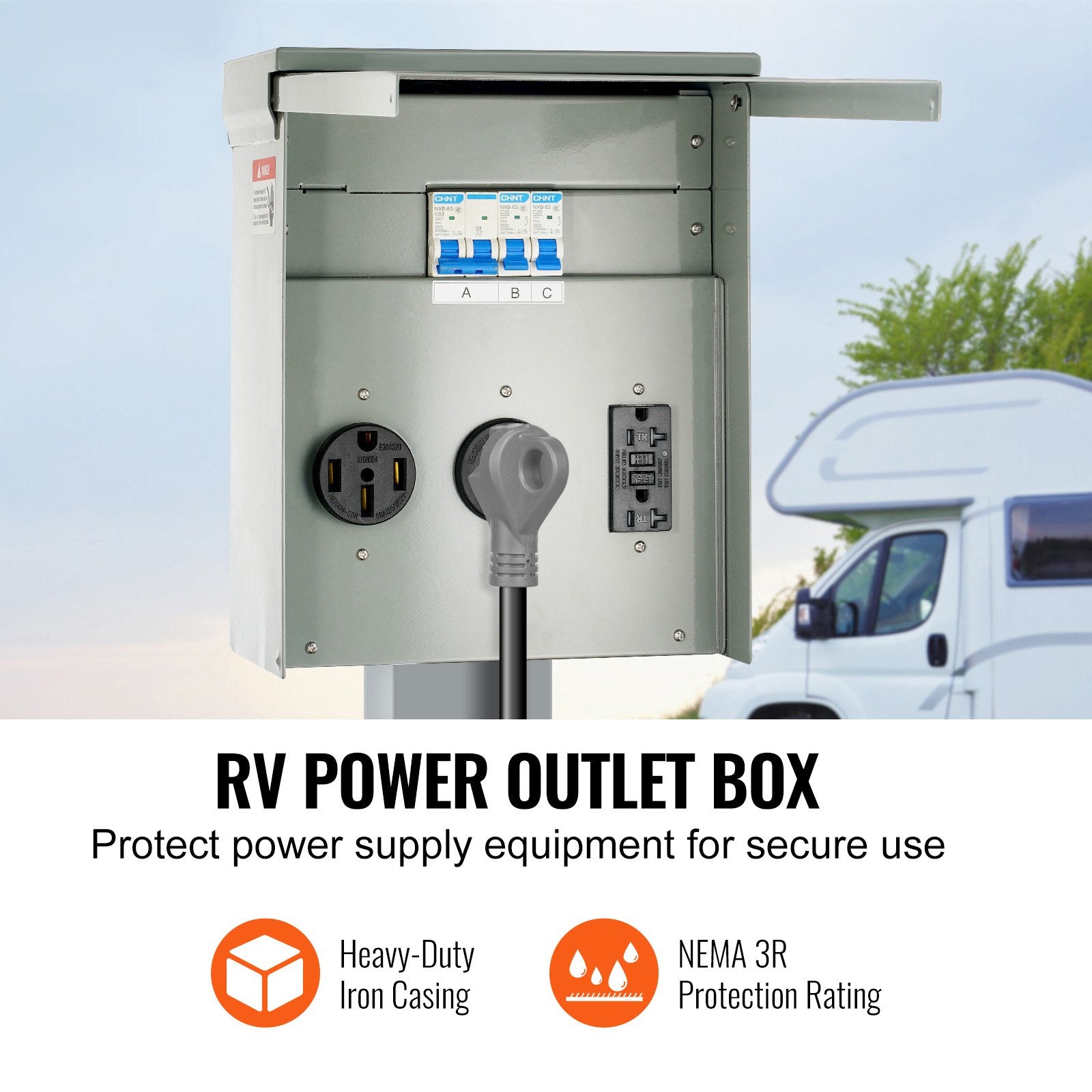 RV Power Outlet Box, 125/250V, with 20/30/50 Amp Receptacles, NEMA 14-50R/TT-30R/15A GFCI, UL Certified for Camper, Trailer, Motorhome, 90° Support, Easy Install, NEMA 3R Rated