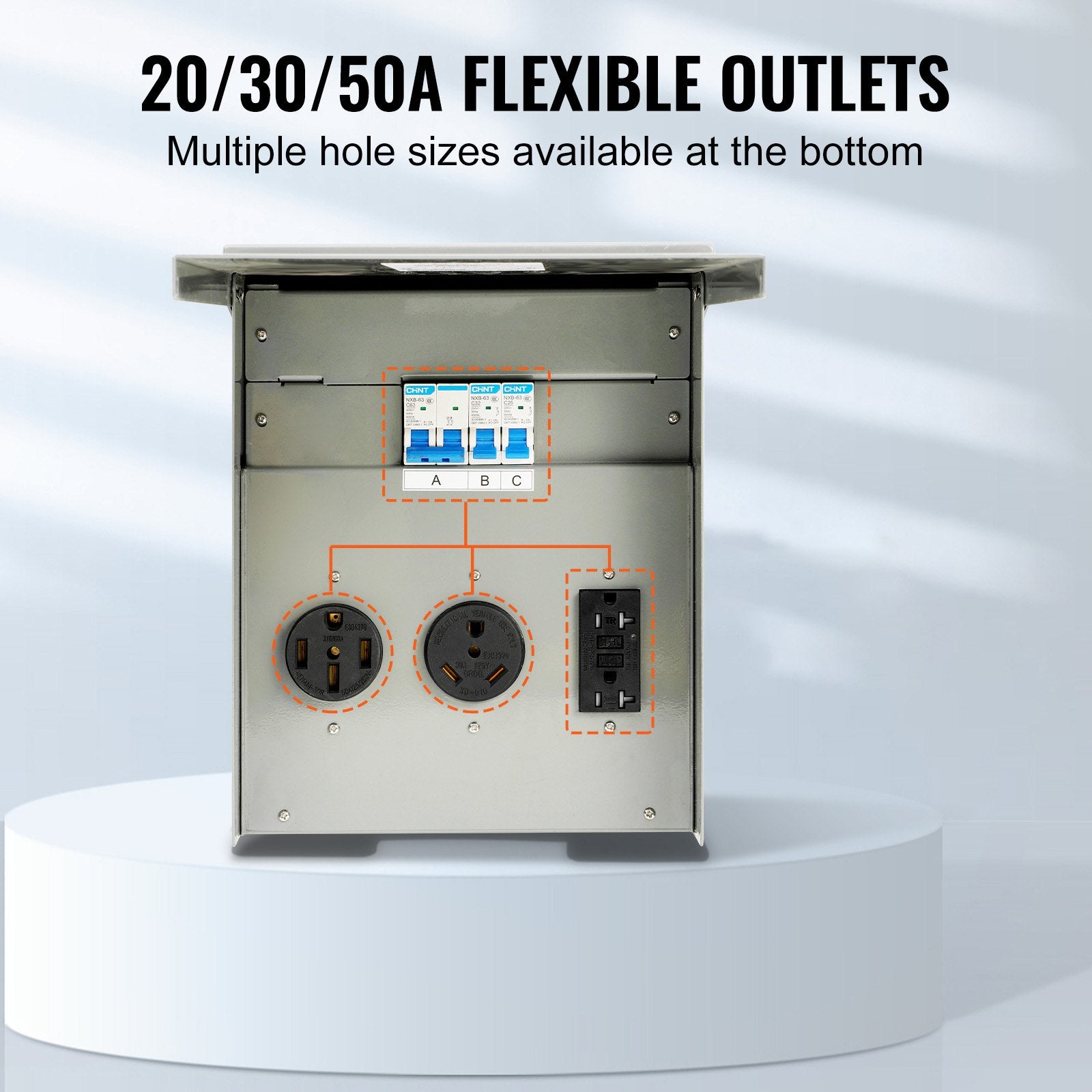 RV Power Outlet Box, 125/250V, with 20/30/50 Amp Receptacles, NEMA 14-50R/TT-30R/15A GFCI, UL Certified for Camper, Trailer, Motorhome, 90° Support, Easy Install, NEMA 3R Rated
