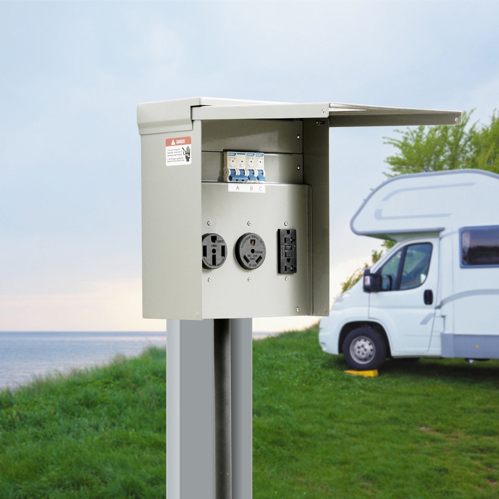 RV Power Outlet Box, 125/250V, with 20/30/50 Amp Receptacles, NEMA 14-50R/TT-30R/15A GFCI, UL Certified for Camper, Trailer, Motorhome, 90° Support, Easy Install, NEMA 3R Rated