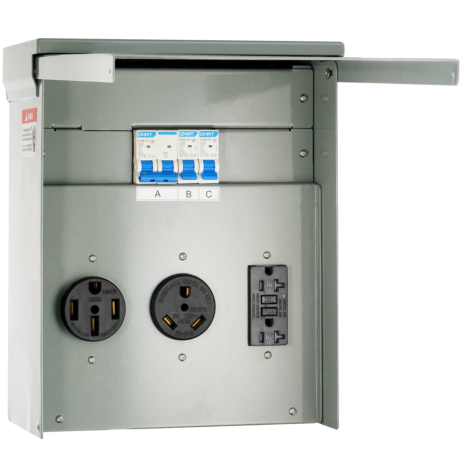 RV Power Outlet Box, 125/250V, with 20/30/50 Amp Receptacles, NEMA 14-50R/TT-30R/15A GFCI, UL Certified for Camper, Trailer, Motorhome, 90° Support, Easy Install, NEMA 3R Rated
