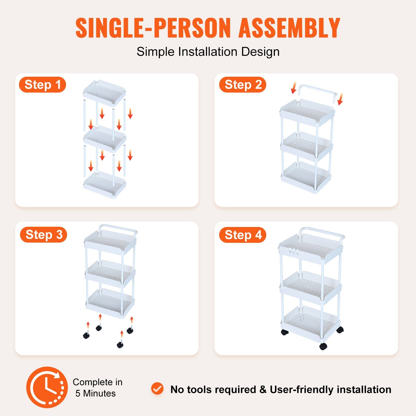 3-Tier White Rolling Utility Cart with Lockable Wheels, Multi-Functional Trolley for Kitchen, Office, Living Room, Movable Basket Organizer Shelves, Strong Load Capacity, Versatile Storage Solution