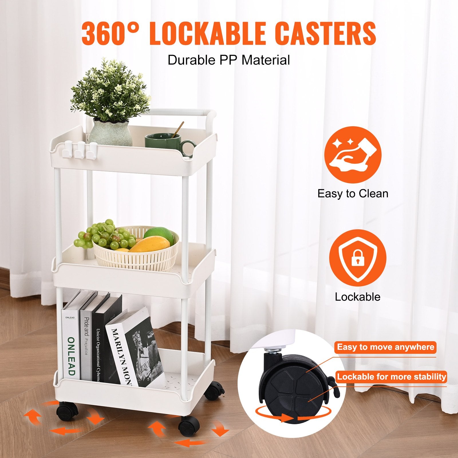 3-Tier White Rolling Utility Cart with Lockable Wheels, Multi-Functional Trolley for Kitchen, Office, Living Room, Movable Basket Organizer Shelves, Strong Load Capacity, Versatile Storage Solution