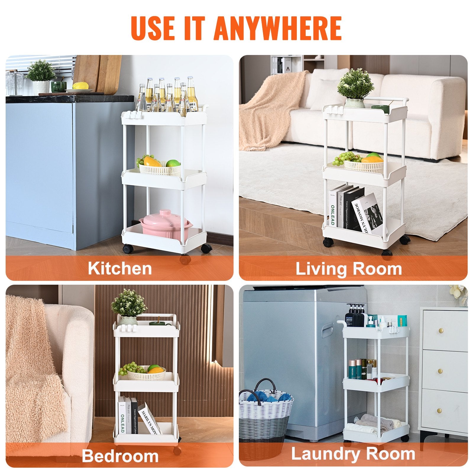 3-Tier White Rolling Utility Cart with Lockable Wheels, Multi-Functional Trolley for Kitchen, Office, Living Room, Movable Basket Organizer Shelves, Strong Load Capacity, Versatile Storage Solution